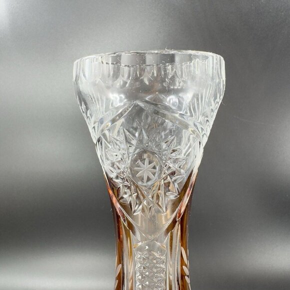Vintage Czech Bohemian Glass Crystal Vase Vessel Amber Etching Floral Decor Vase - Picture 9 of 16